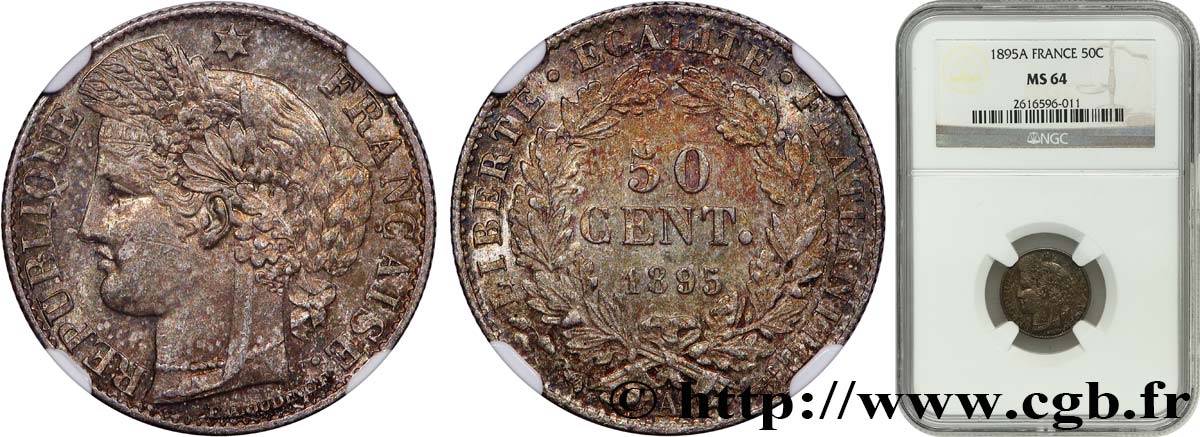 50 centimes Cérès, IIIe République 1895 Paris F.189/16 SPL64 NGC