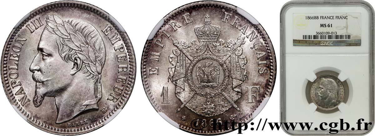 1 franc Napoléon III, tête laurée 1866 Strasbourg F.215/4 VZ61 NGC