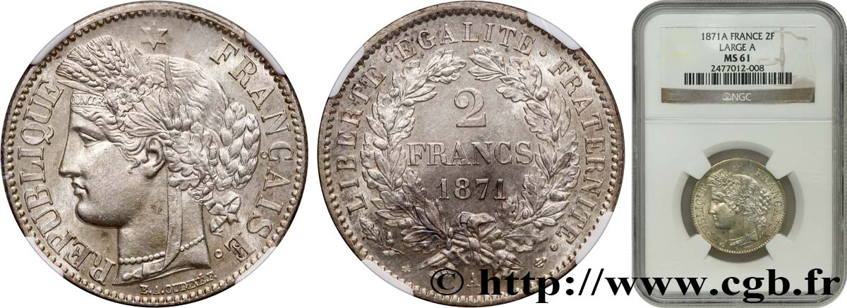 2 francs Cérès, avec légende 1871 Paris F.265/4 EBC61 NGC