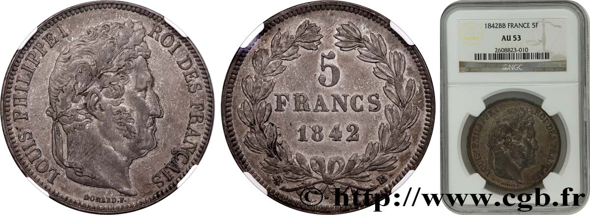 5 francs IIe type Domard 1842 Strasbourg F.324/97 TTB53 NGC