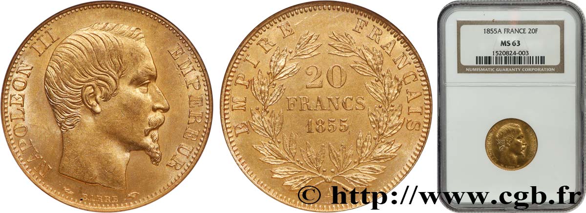20 francs or Napoléon III, tête nue 1855 Paris F.531/3 MS63 NGC