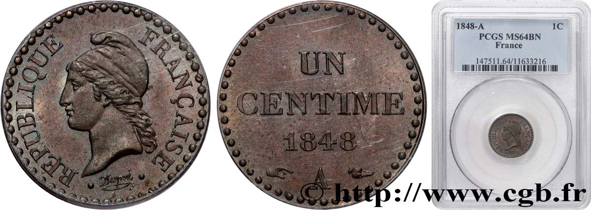 Un centime Dupré, IIe République 1848 Paris F.101/1 SPL64 PCGS