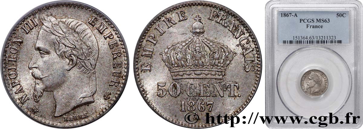 50 centimes Napoléon III, tête laurée 1867 Paris F.188/12 SPL63 PCGS