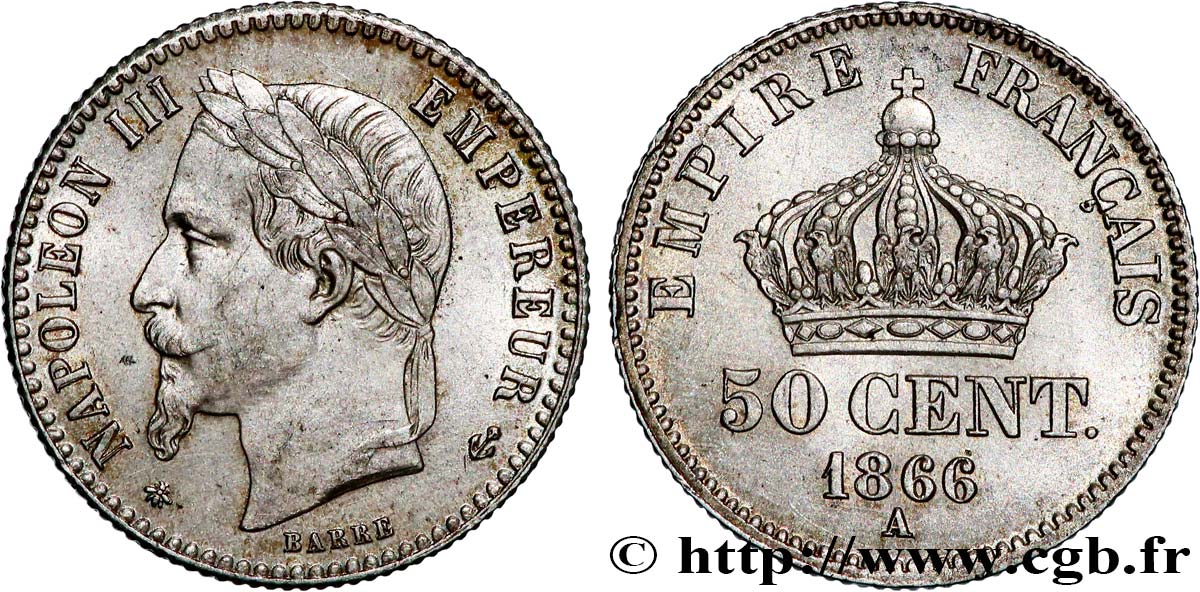 50 centimes Napoléon III, tête laurée 1866 Paris F.188/9 SUP 