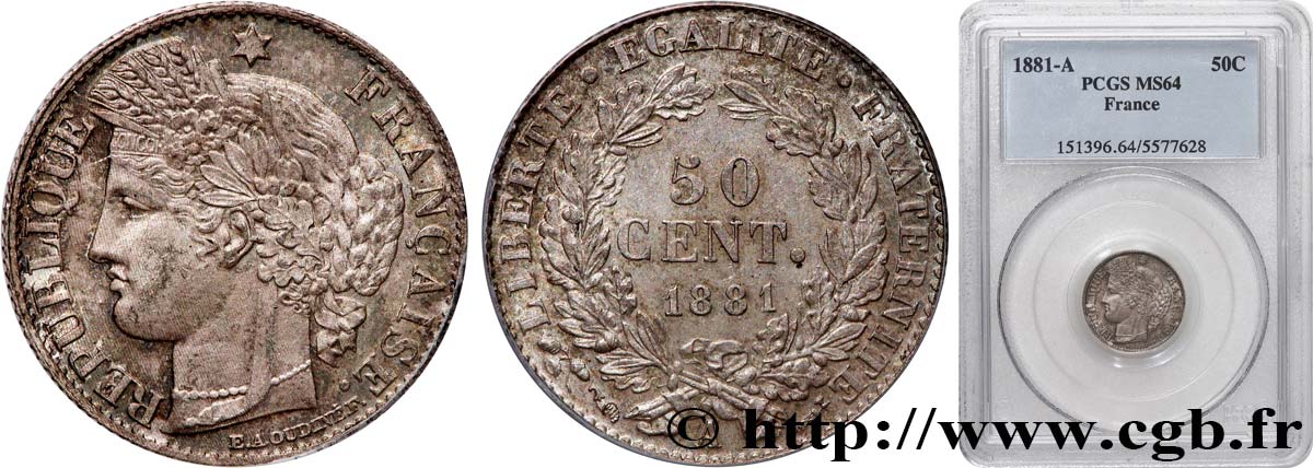 50 centimes Cérès, Troisième République 1881 Paris F.189/9 SPL64 PCGS