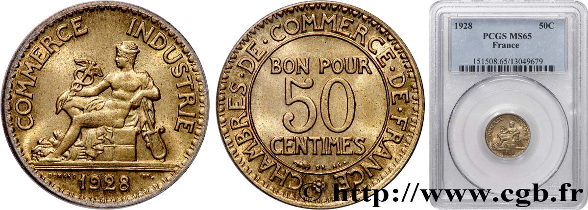 50 centimes Chambres de Commerce 1928 Paris F.191/10 FDC65 PCGS