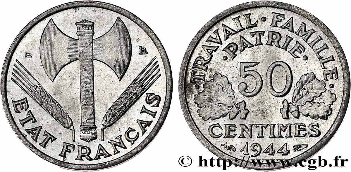 50 centimes Francisque, légère 1944 Beaumont-Le-Roger F.196/5 ST65 