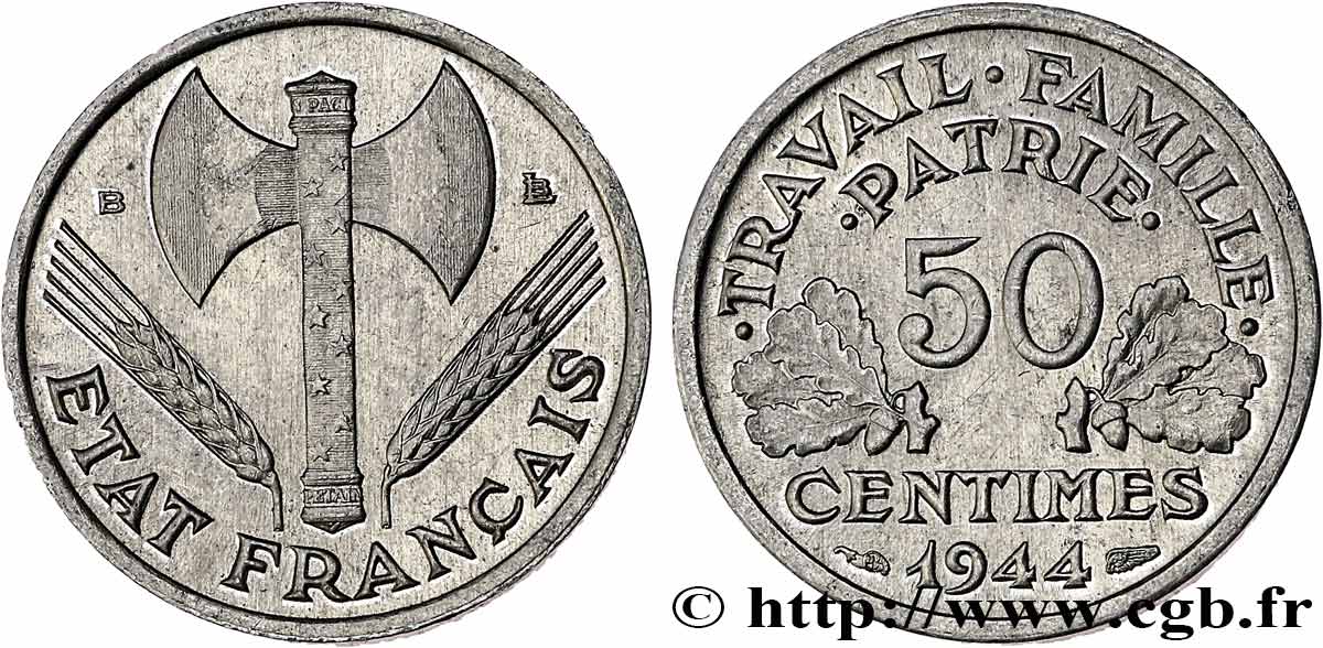 50 centimes Francisque, légère 1944 Beaumont-Le-Roger F.196/5 MS62 