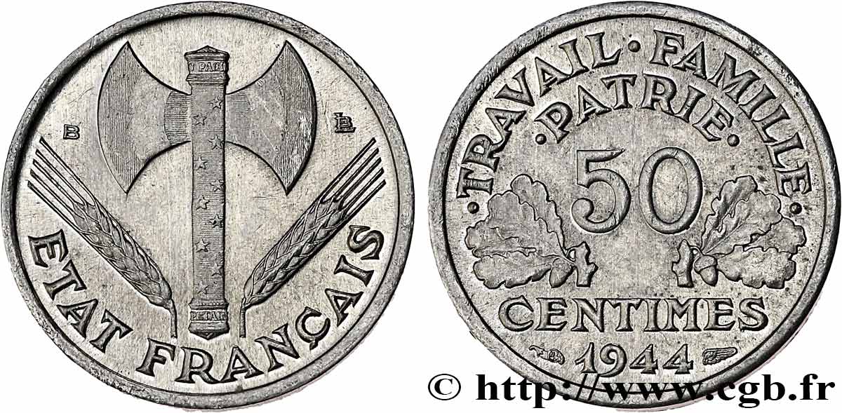 50 centimes Francisque, légère 1944 Beaumont-Le-Roger F.196/5 AU58 