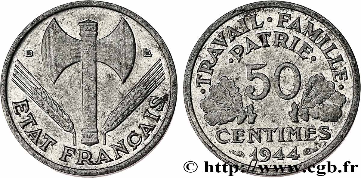 50 centimes Francisque, légère 1944 Beaumont-Le-Roger F.196/5 XF 
