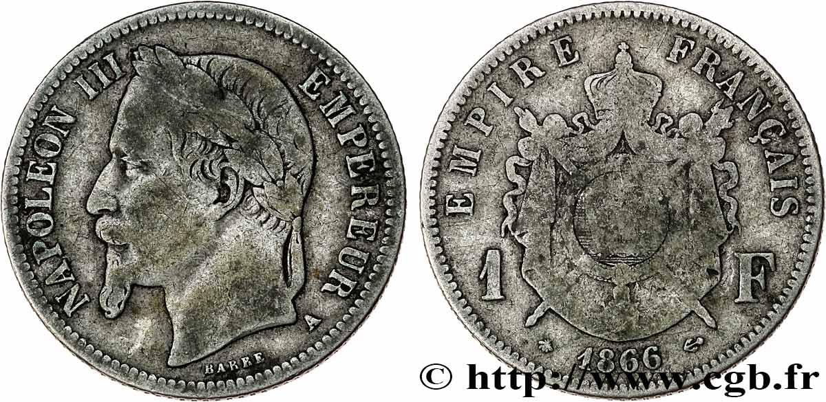 1 franc Napoléon III, tête laurée 1866 Paris F.215/3 F 