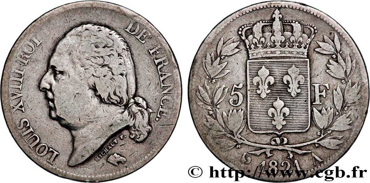 5 francs Louis XVIII, tête nue 1821 Paris F.309/60 MB 