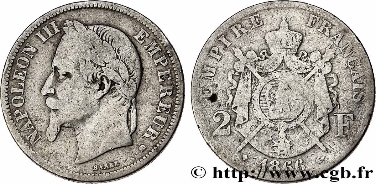 2 francs Napoléon III, tête laurée  1866 Strasbourg F.263/3 F 