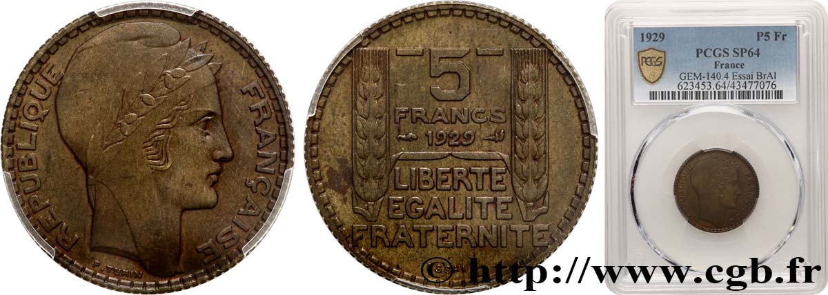 Essai de 5 francs Turin en Bronze-aluminium 1929 Paris GEM.140 4 SPL64 PCGS