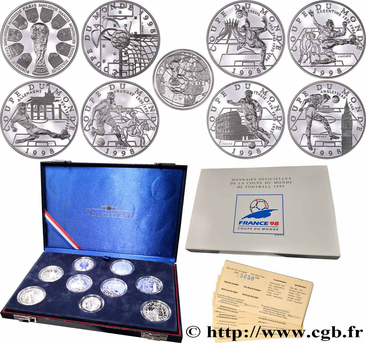 Coffret des huit pièces de 10 Francs Belle Épreuve Coupe du monde de football 1998 + une pièce de 1 Franc n.d.  F5.1306 à 1313 1 FDC 