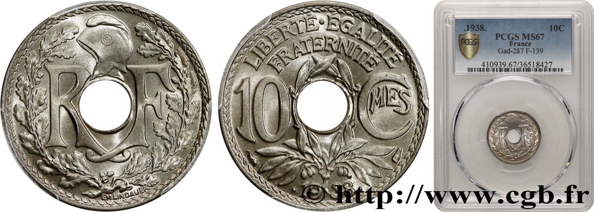 10 centimes Lindauer, maillechort 1938  F.139/2 MS67 PCGS