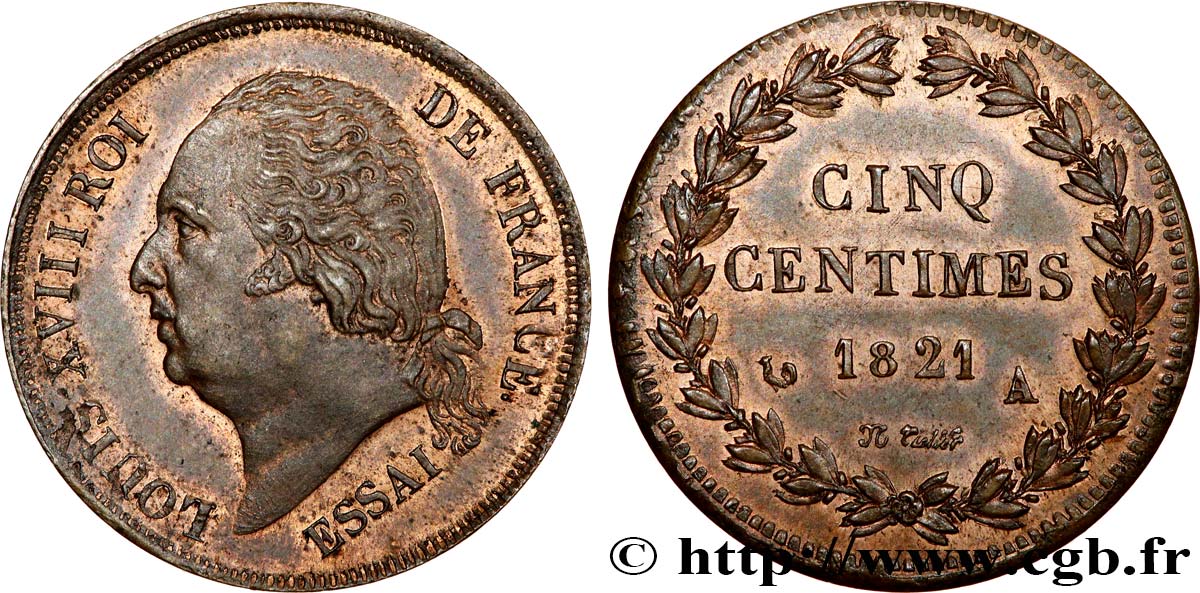Essai de Cinq centimes en bronze, tranche lisse 1821 Paris VG.2534  var. MS62 