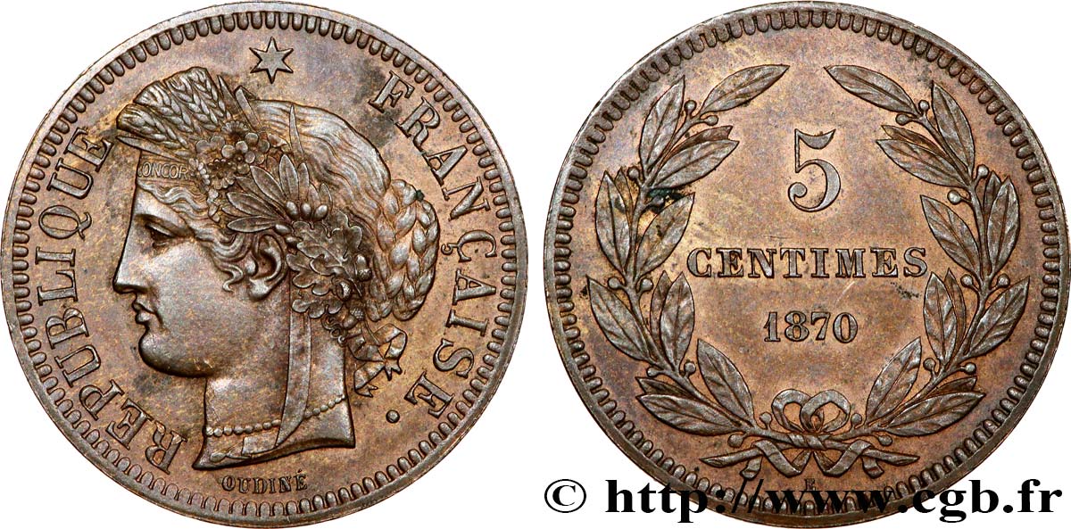 Essai 5 centimes Cérès en Bronze, sans légende 1870  GEM.9 1 VZ62 