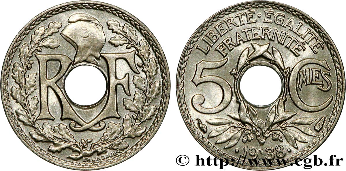 5 centimes Lindauer, maillechort 1938 Paris F.123A/2 ST65 