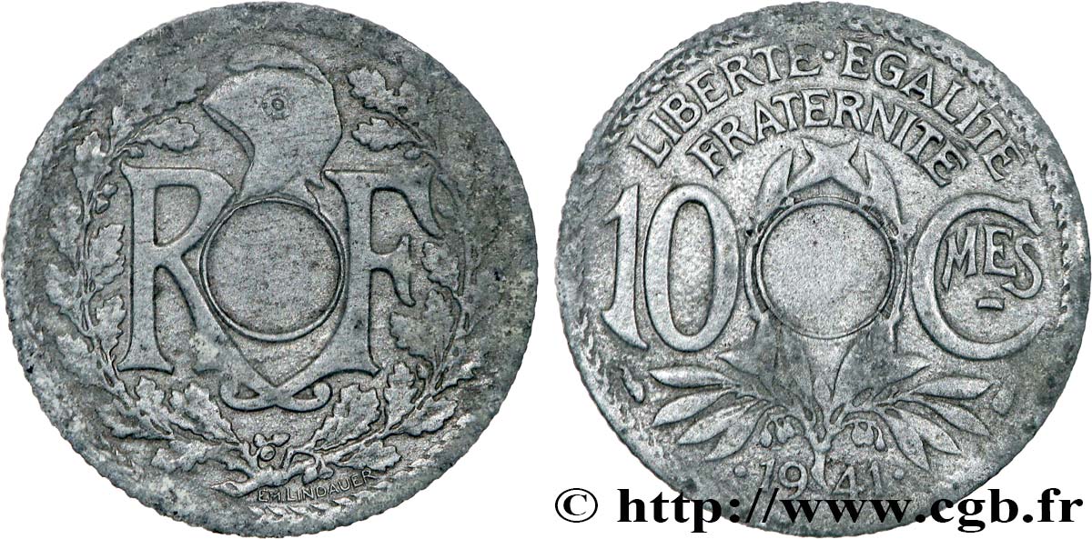 10 centimes Lindauer en zinc, Cmes souligné et millésime avec points, non perforée 1941  F.140/2 var. BC+ 