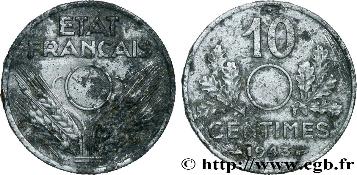 10 centimes État français, grand module, non perforé 1943  F.141/5 var. VF 