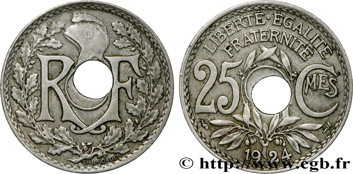 25 centimes Lindauer, trou décentré 1924  F.171/8 var. BB45 