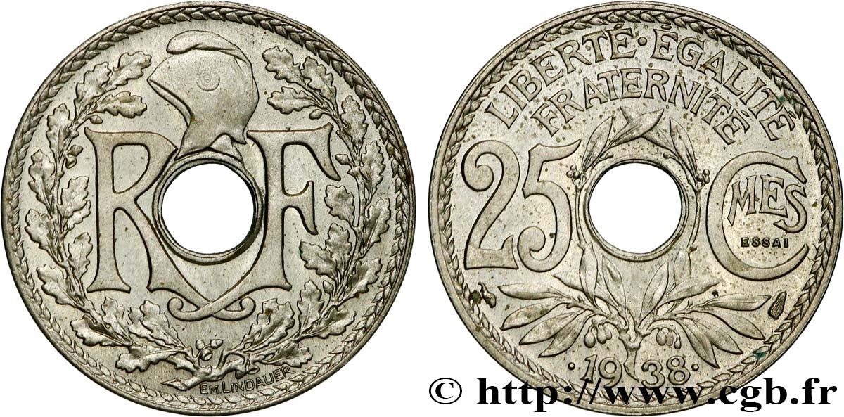 Essai de 25 centimes Lindauer, maillechort 1938 Paris F.172/1 SC63 