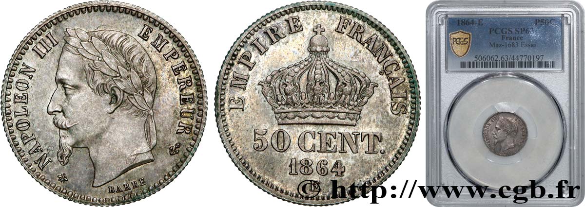 ESSAI de 50 centimes Napoléon III, tête laurée 1864  F.188/1 SC63 PCGS