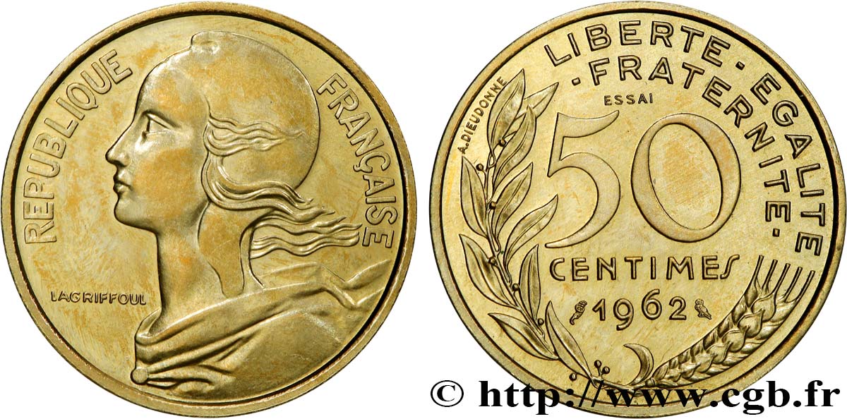Essai-piéfort de 50 centimes Marianne 1962 Paris GEM.89 EP MS62 