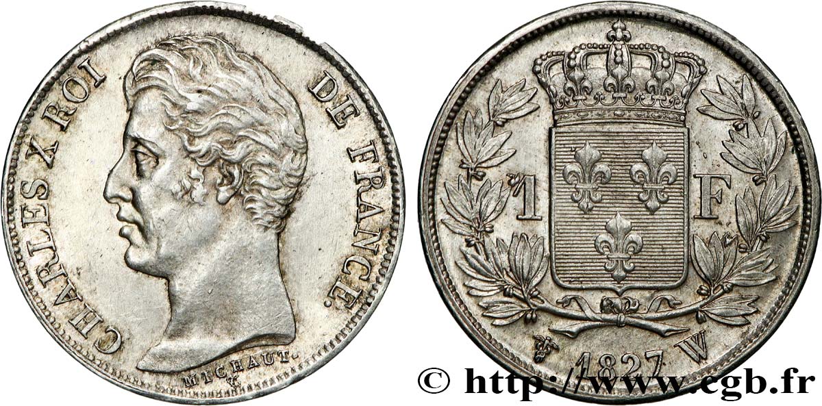 1 franc Charles X, matrice du revers à cinq feuilles 1827 Lille F.207/36 SPL58 