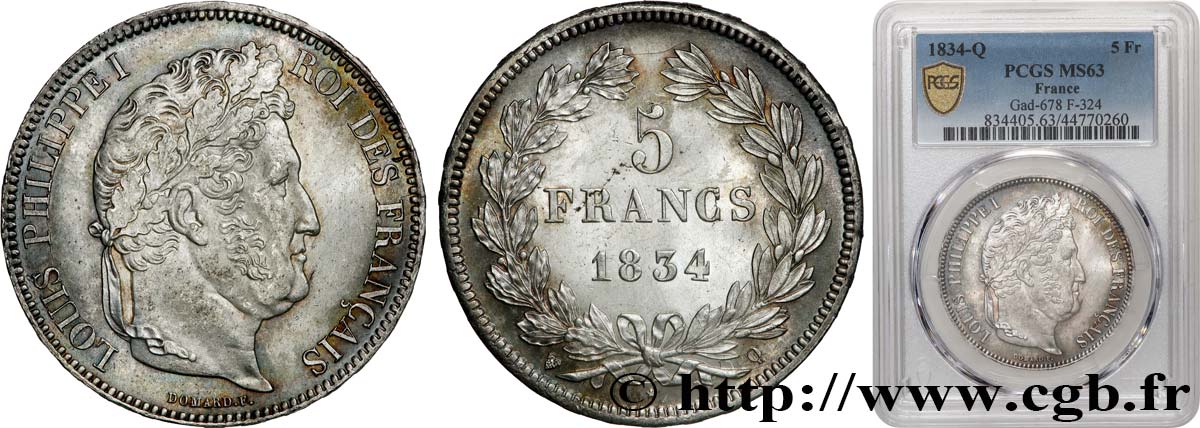 5 francs IIe type Domard 1834 Perpignan F.324/39 SPL63 PCGS