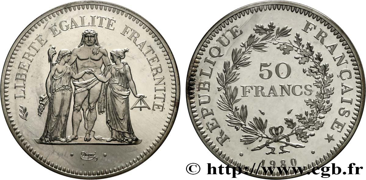 Piéfort Argent de 50 francs Hercule 1980 Pessac GEM.223 P1 FDC 