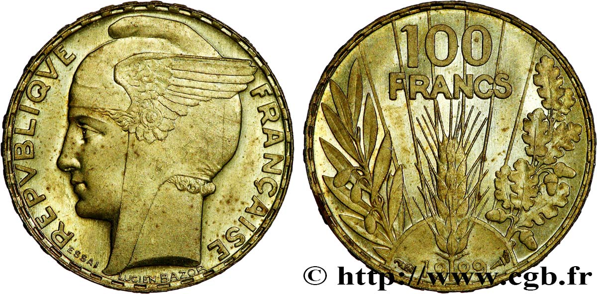 Concours de 100 francs or, essai en flan bruni de Bazor en bronze-aluminium 1929 Paris GEM.288 8 SPL 