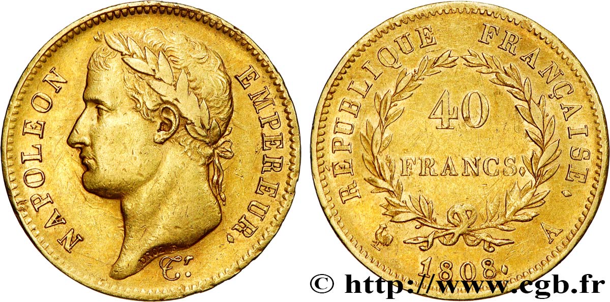 40 francs or Napoléon Ier tête laurée, République française 1808 Paris F.540/2 XF 