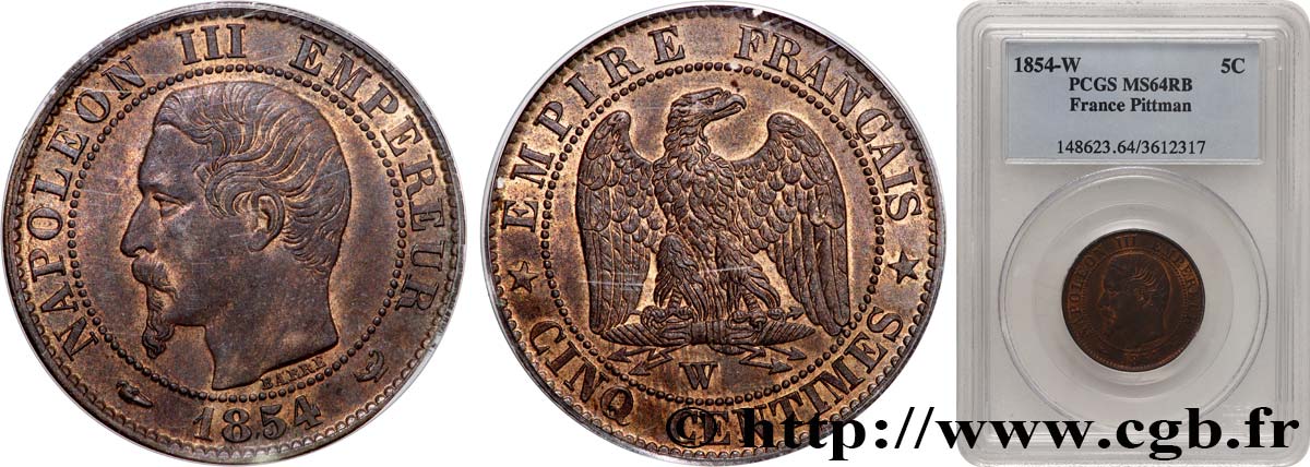 Cinq centimes Napoléon III, tête nue 1854 Lille F.116/15 fST64 PCGS