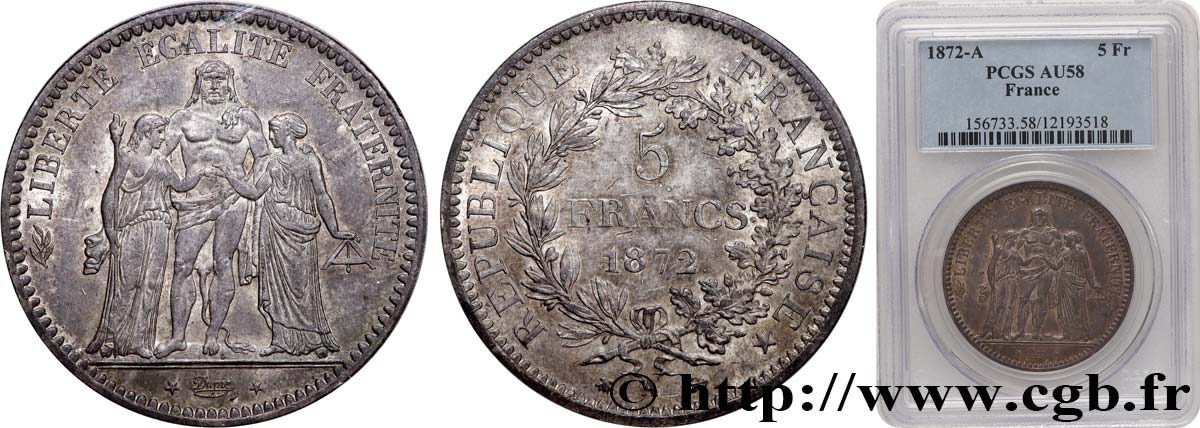 5 francs Hercule 1872 Paris F.334/6 SUP58 PCGS