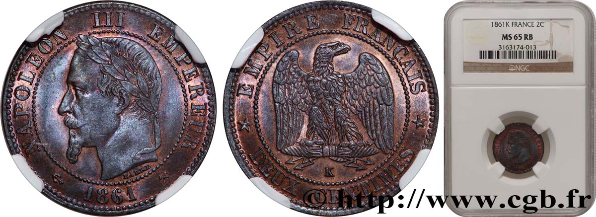 Deux centimes Napoléon III, tête laurée, buste définitif 1861 Bordeaux F.108A/3 FDC65 NGC