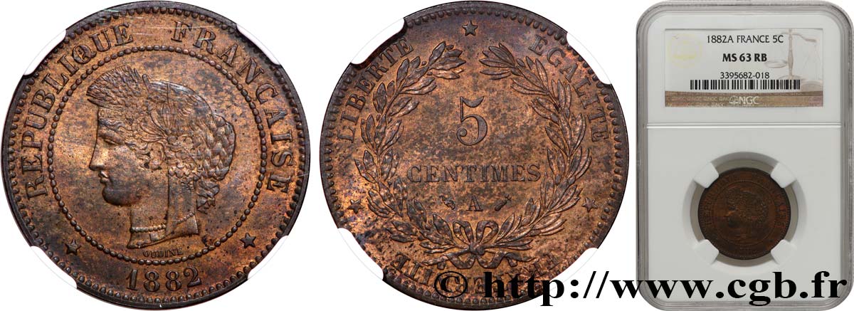 5 centimes Cérès 1882 Paris F.118/23 fST63 NGC