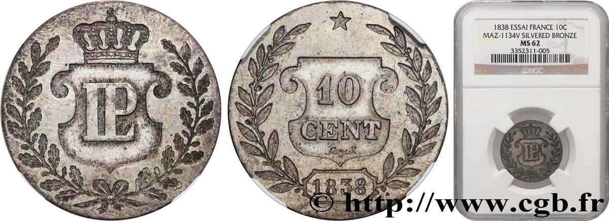 Essai de 10 centimes en bronze 1838  VG.2883 var. SPL62 NGC