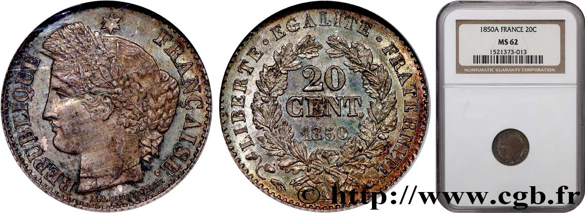 20 centimes Cérès, IIe République 1850 Paris F.146/2 SPL62 NGC