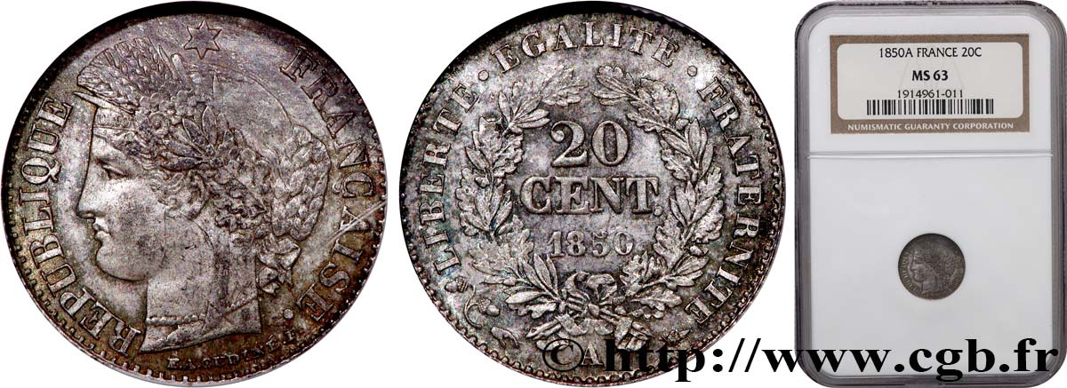 20 centimes Cérès, IIe République 1850 Paris F.146/2 fST63 NGC