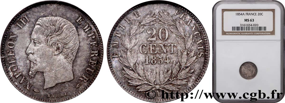 20 centimes Napoléon III, tête nue 1854 Paris F.148/2 SC63 NGC