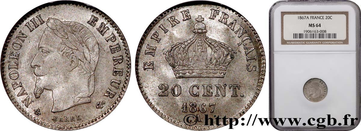 20 centimes Napoléon III, tête laurée, grand module 1867 Paris F.150/1 SPL64 NGC