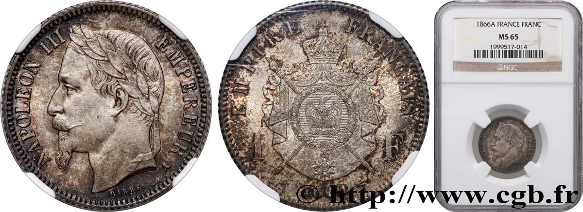 1 franc Napoléon III, tête laurée 1866 Paris F.215/3 MS65 NGC