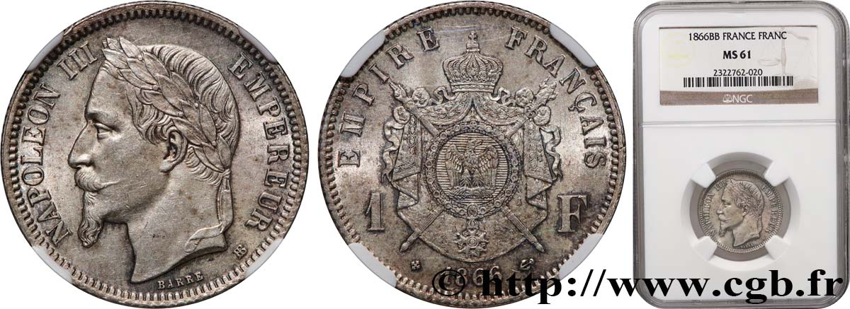 1 franc Napoléon III, tête laurée 1866 Strasbourg F.215/4 EBC61 NGC