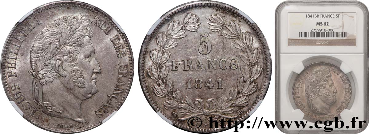 5 francs IIe type Domard 1841 Strasbourg F.324/92 EBC62 NGC