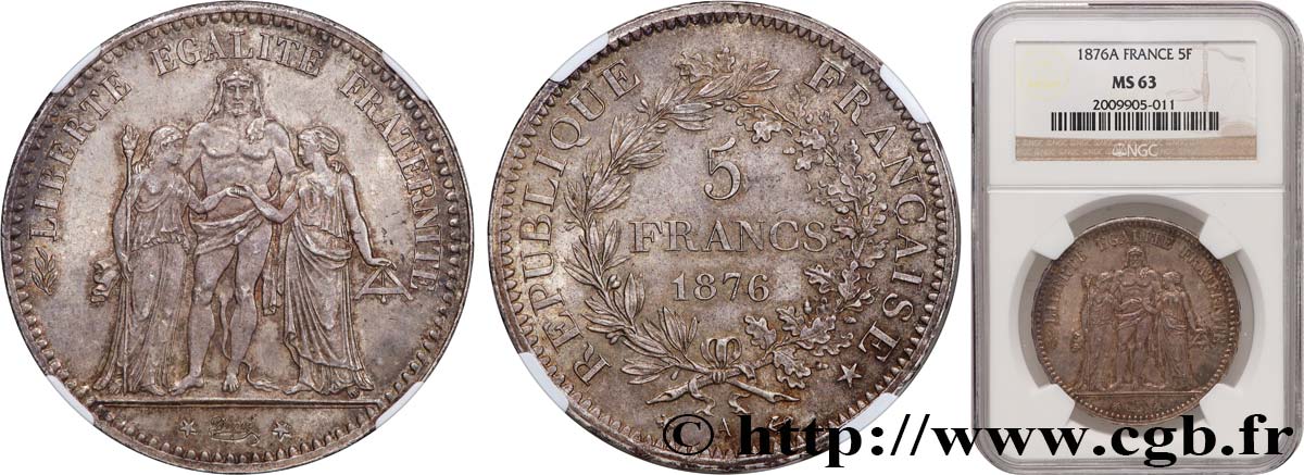 5 francs Hercule 1876 Paris F.334/17 MS63 NGC