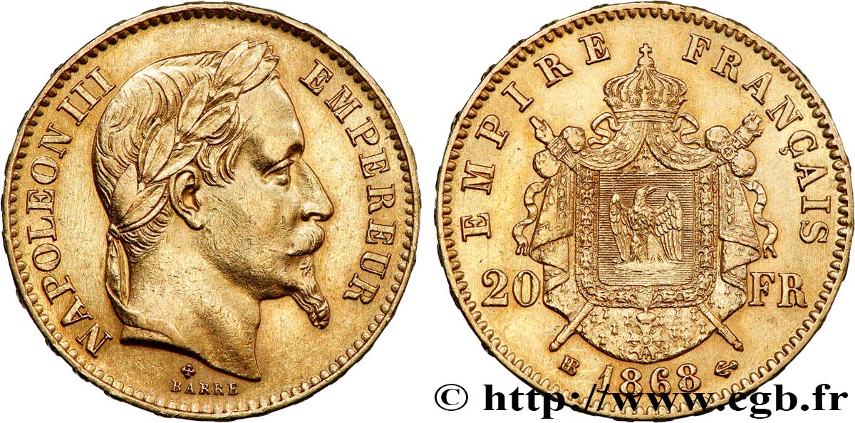 20 francs or Napoléon III, tête laurée 1868 Strasbourg F.532/19 TTB 