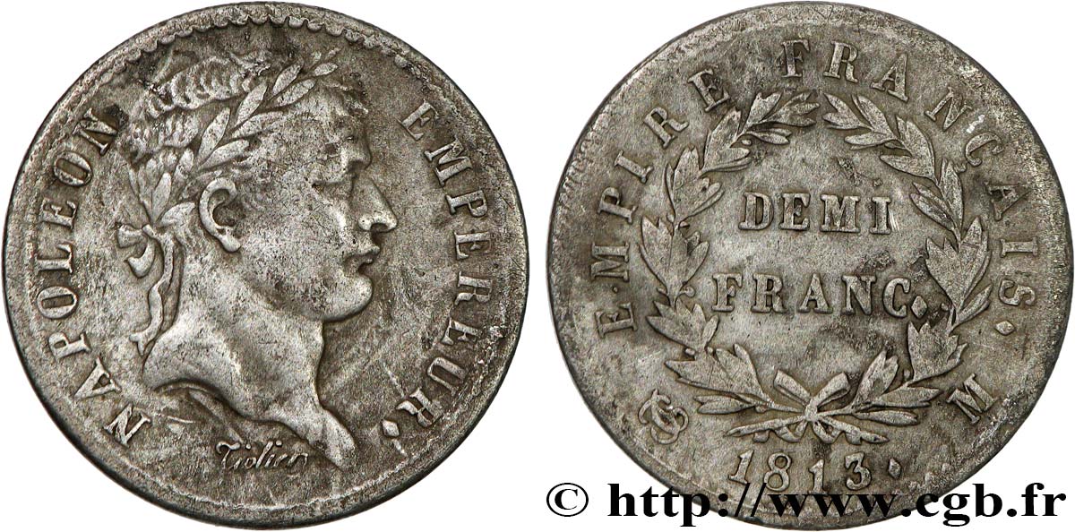Demi-franc Napoléon Ier tête laurée, Empire français 1813 Toulouse F.178/57 TB+ 