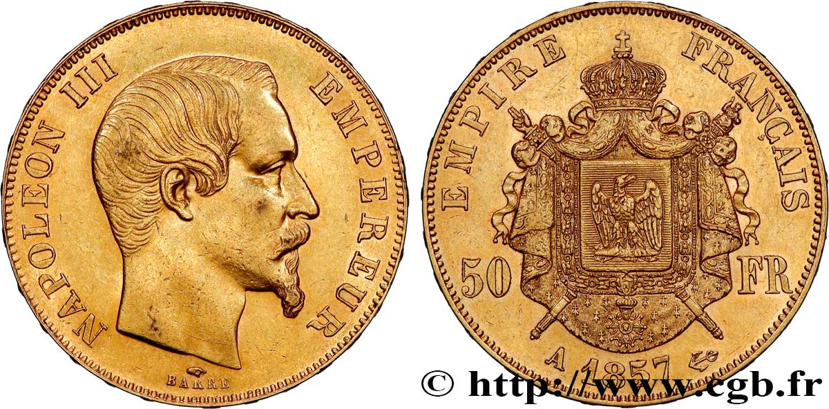 50 francs or Napoléon III, tête nue 1857 Paris F.547/4 AU 